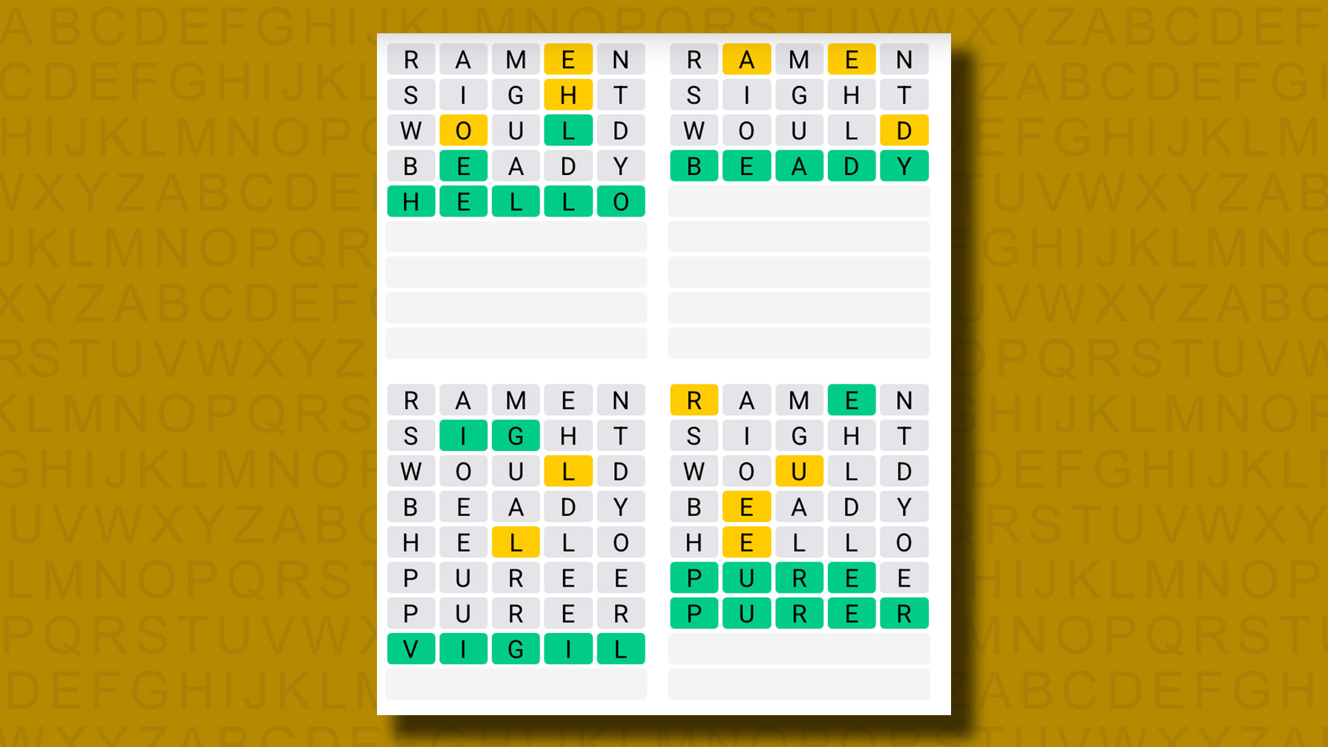 Quordle answers for game 1220 on a yellow background