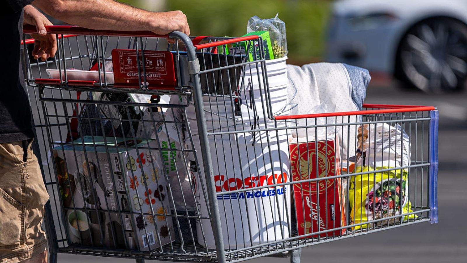 A person pushing a cart from Costco