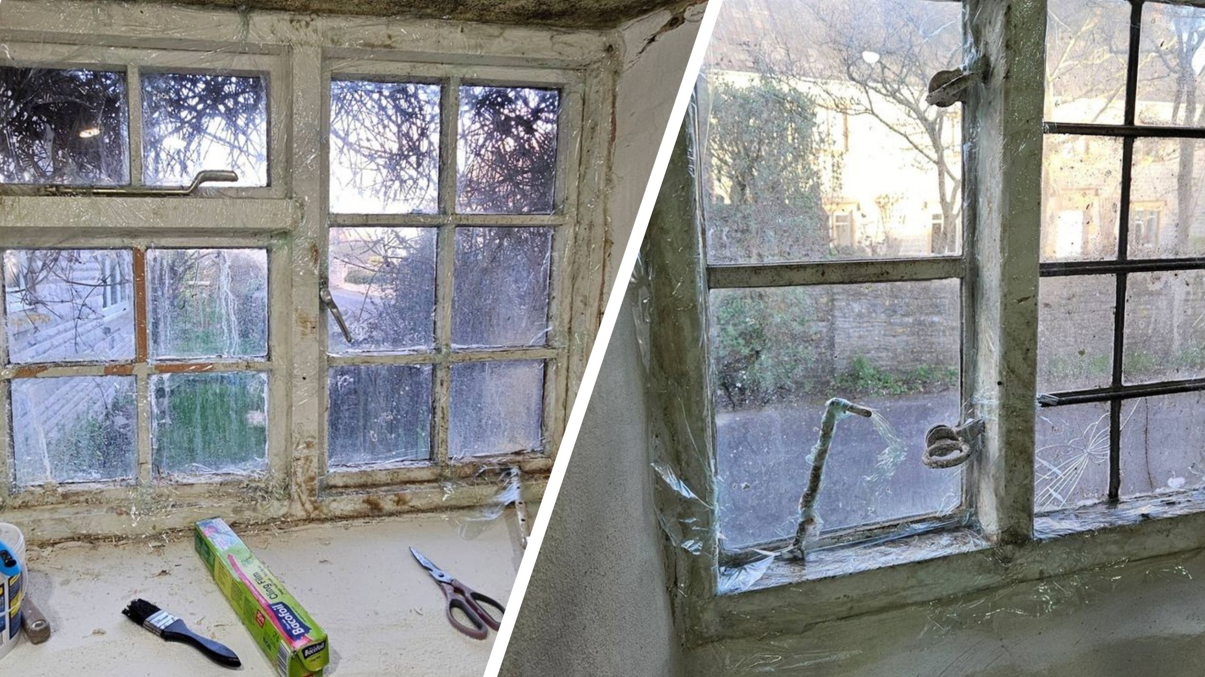 Spliced image showing the process of stripping paint from old timber windows