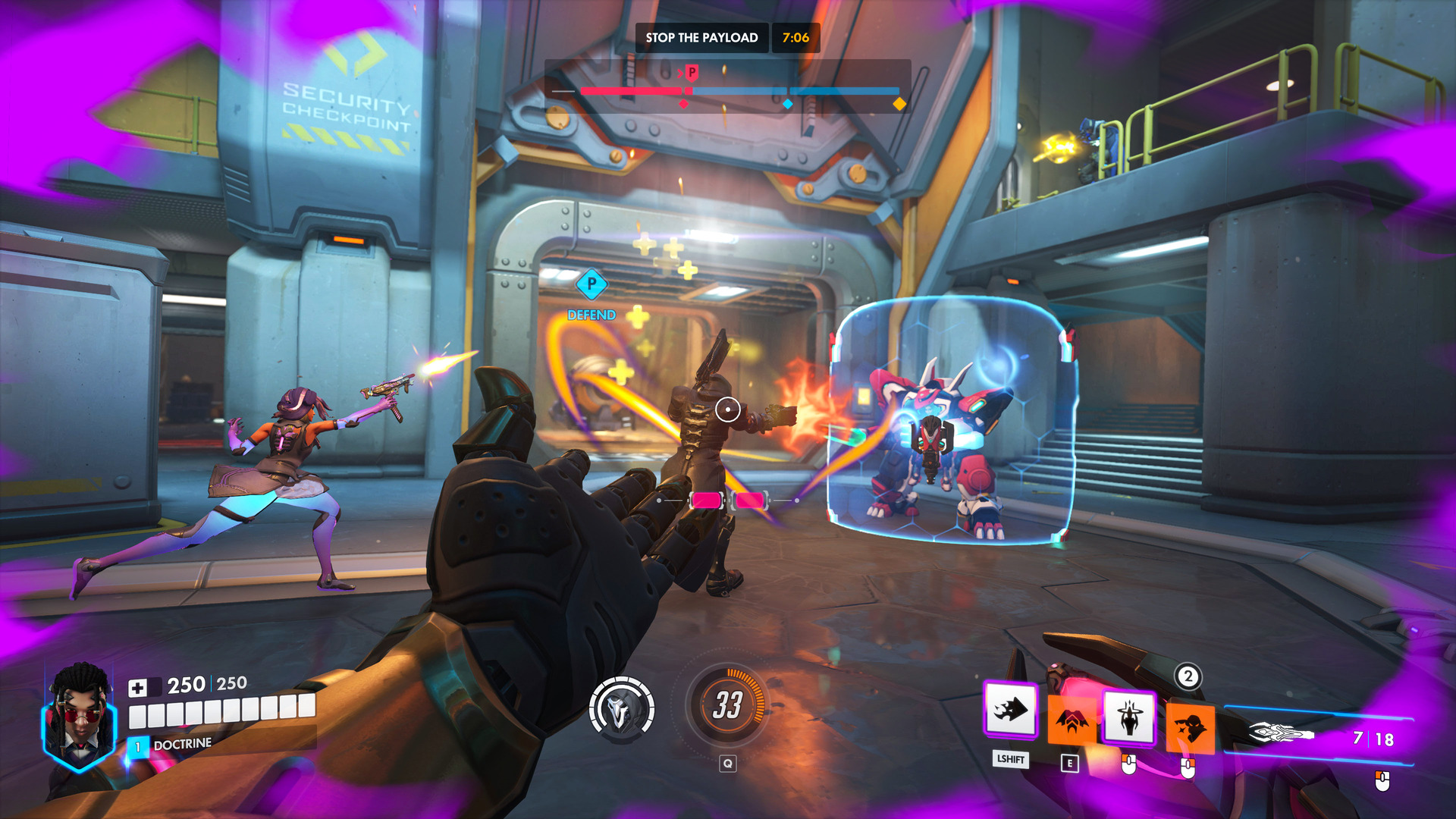 Overwatch hero Doctrine holds hand out from a first-person perspective as fighters duke it out