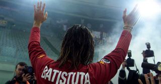 Gabriel Batistuta of Roma greets the Fiorentina fans before the Serie A 8th Round league match between Roma and Fiorentina played at the Olimpico stadium in Rome.