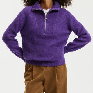 A purple La Redoute Half Zip Jumper in Wool/Alpaca Mix on a model