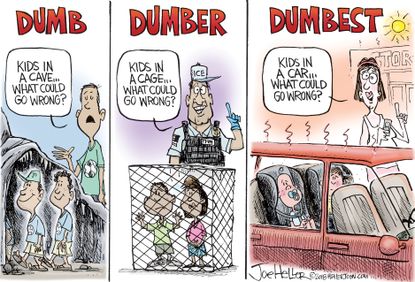 Editorial cartoon U.S. kids in cave cage and hot car