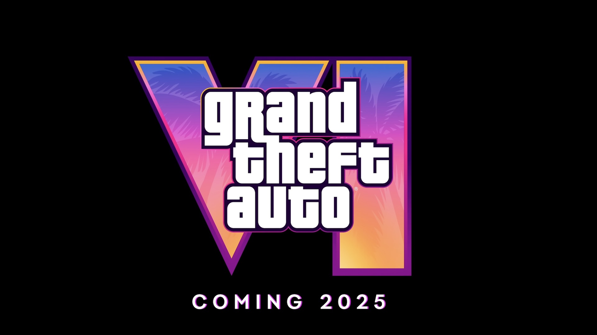 En logo for GTA 6 med en tekst som avslører at spillet vil bli publisert i 2025.