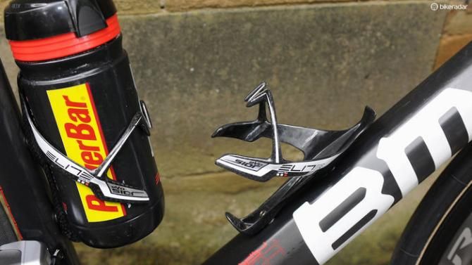 Elite's self-adjusting carbon Sior bottle cages provide secure bottle retention