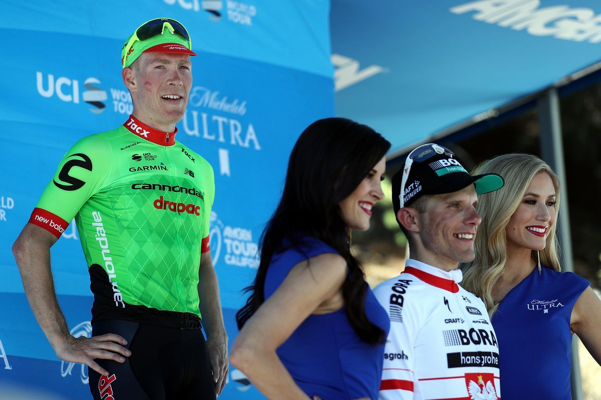 Andrew Talansky looks on as Rafa Majka receives the yellow jersey