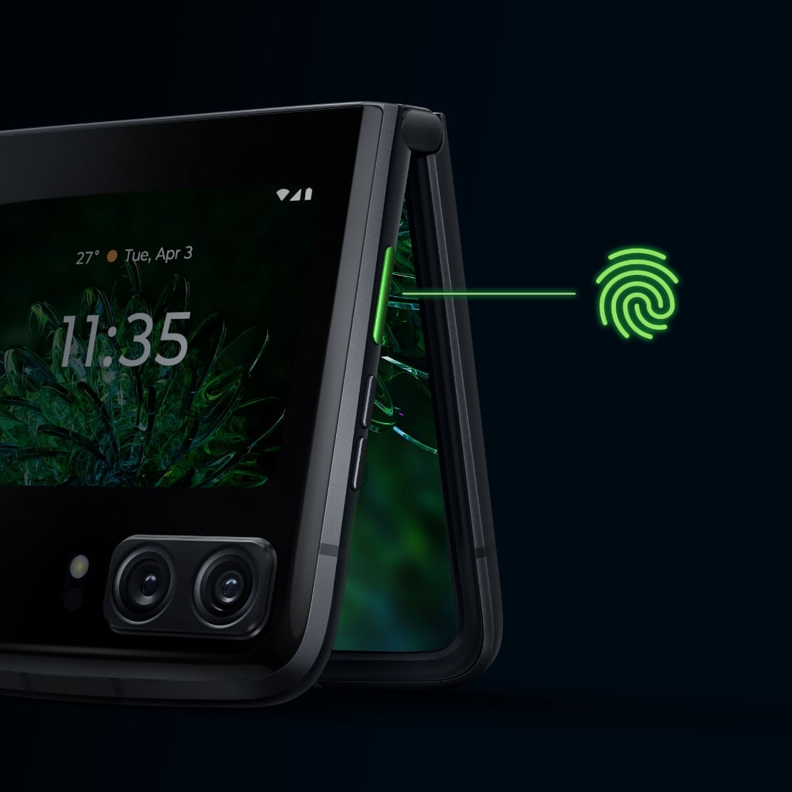 The Motorola Razr 2022 with a green fingerprint pointing to the lock button