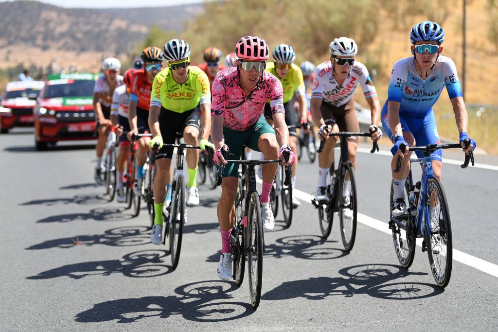 MONASTERIO DE TENTUDA SPAIN SEPTEMBER 07 LR Rigoberto Uran Uran of Colombia and Team EF Education Easypost and Lawson Craddock of United States and Team BikeExchange Jayco compete in the breakaway during the 77th Tour of Spain 2022 Stage 17 a 1624km stage from Aracena to Monasterio de Tentuda 1095m LaVuelta22 WorldTour on September 07 2022 in Monasterio de Tentuda Spain Photo by Justin SetterfieldGetty Images