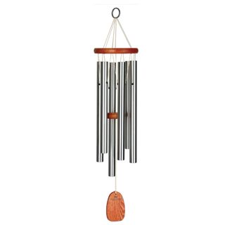 Image of Woodstock Wind Chime with six silver aluminum tubes and a removable windcatcher. It has wooden elements in the design