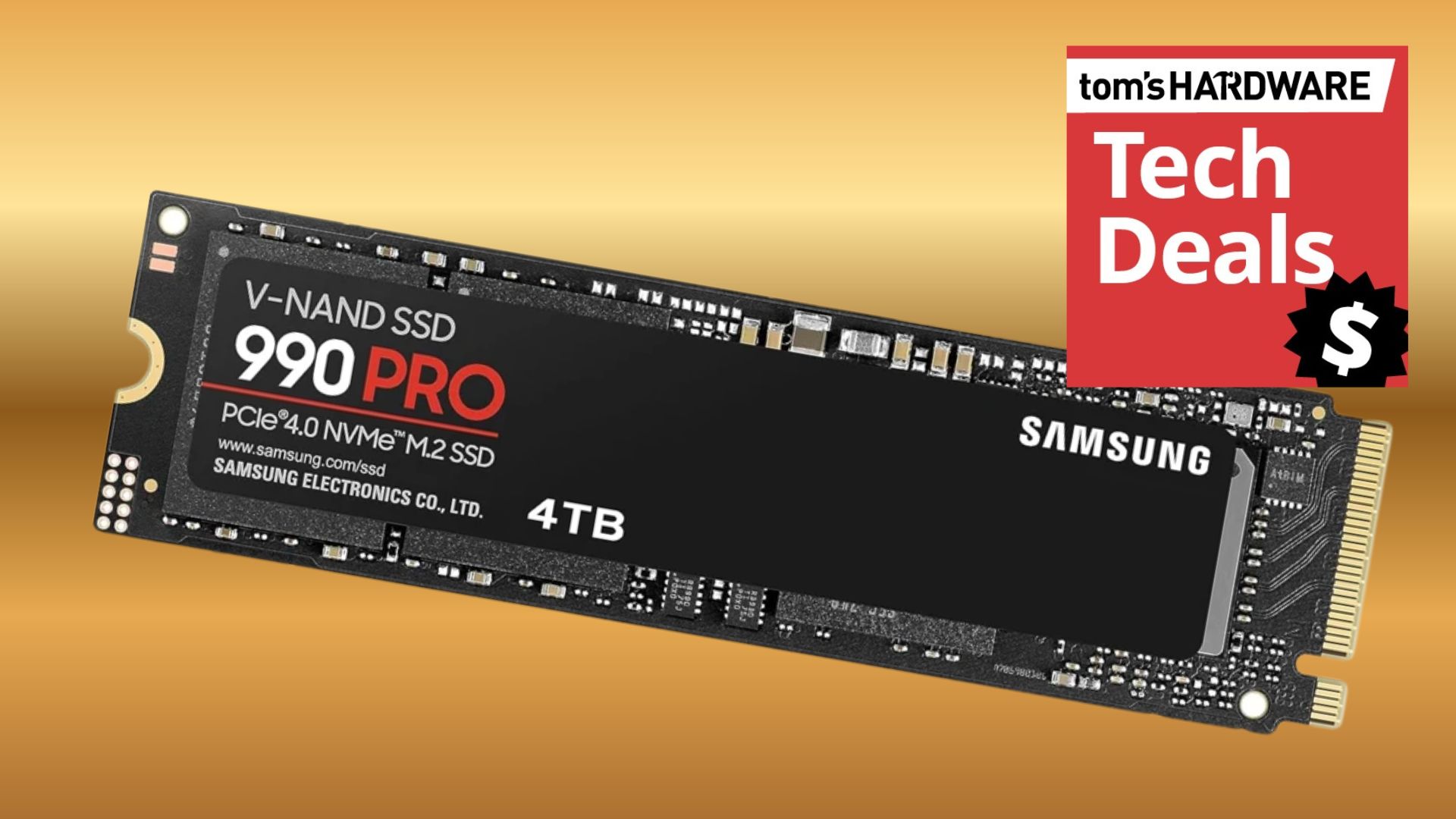 Tech Deals Cover image featuring a Samsung 990 Pro M.2 SSD with a 4TB capacity