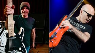 Two pictures of Joe Satriani, the first shows him holding a modded EVH guitar. The second shows him playing his Ibanez guitar