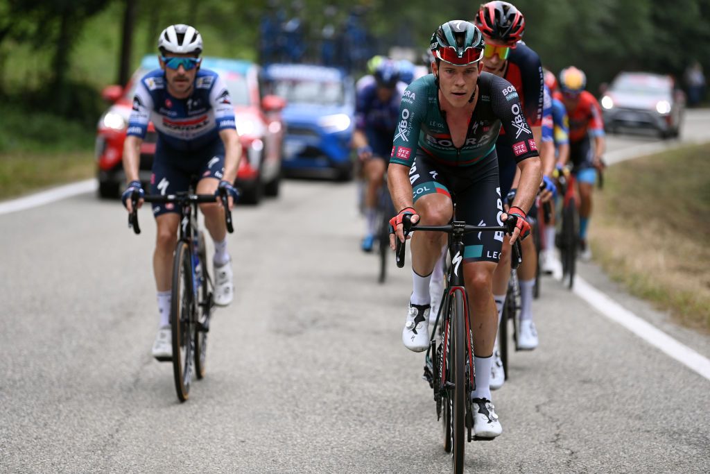 FAVRIA ITALY OCTOBER 05 Bob Jungels of Luxembourg and Team BORAHansgrohe competes during the 107th Gran Piemonte 2023 a 152km one day race from Borgofranco dIvrea to Favria on October 05 2023 in Favria Italy Photo by Tim de WaeleGetty Images