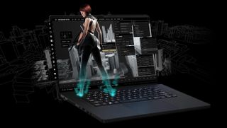 Ein Asus Gaming-Laptop mit einer stilisierten Cyberpunk-Frau, die darüber steht.