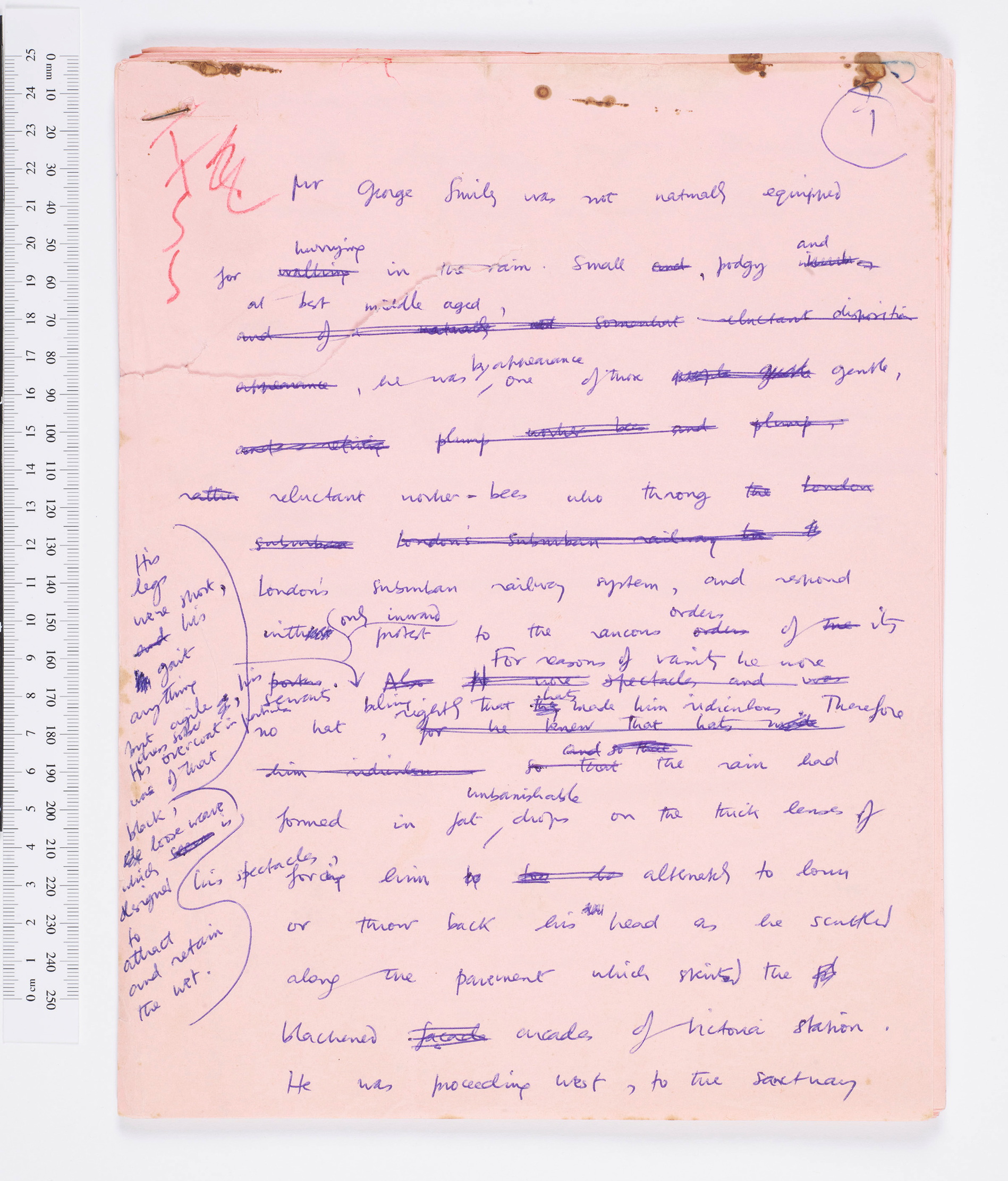 Handwritten draft for Tinker, Tailor, Soldier, Spy in which George Smiley is described as &amp;ldquo;small, podgy and at best middle-aged.&amp;rdquo; Includes the insertion_ &amp;ldquo;His legs were short, his gait anything but agile.&amp;rdquo;