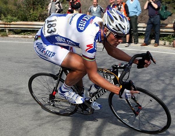 Tom Boonen shows his bike skills as he makes his way down the Italian roads.