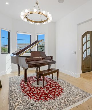 Piano in entrance hall of Serena Williams' house in Beverly Hills
