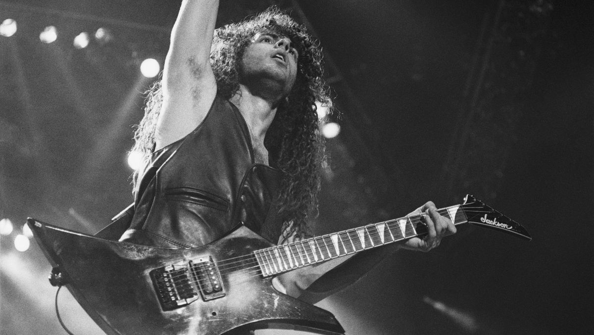 Marty Friedman performs onstage with Megadeth at the Spectrum in Philadelphia, Pennsylvania on June 29, 1991