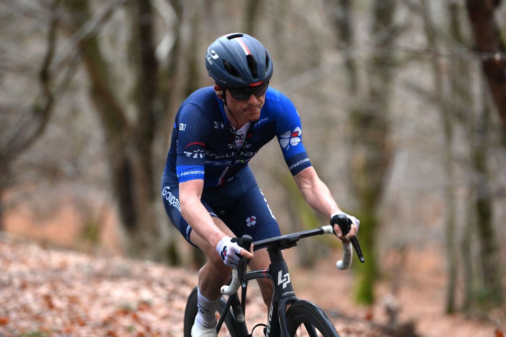 LA LOGE DES GARDES FRANCE MARCH 08 David Gaudu of France and Team Groupama FDJ attacks during the the 81st Paris Nice 2023 Stage 4 a 1647km stage from SaintAmandMontrond to La Loge des Gardes 1077m UCIWT ParisNice on March 08 2023 in La Loge des Gardes France Photo by Alex BroadwayGetty Images