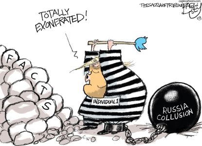 Political cartoon U.S. Trump individual 1 Russian collusion indictment prison Twitter facts