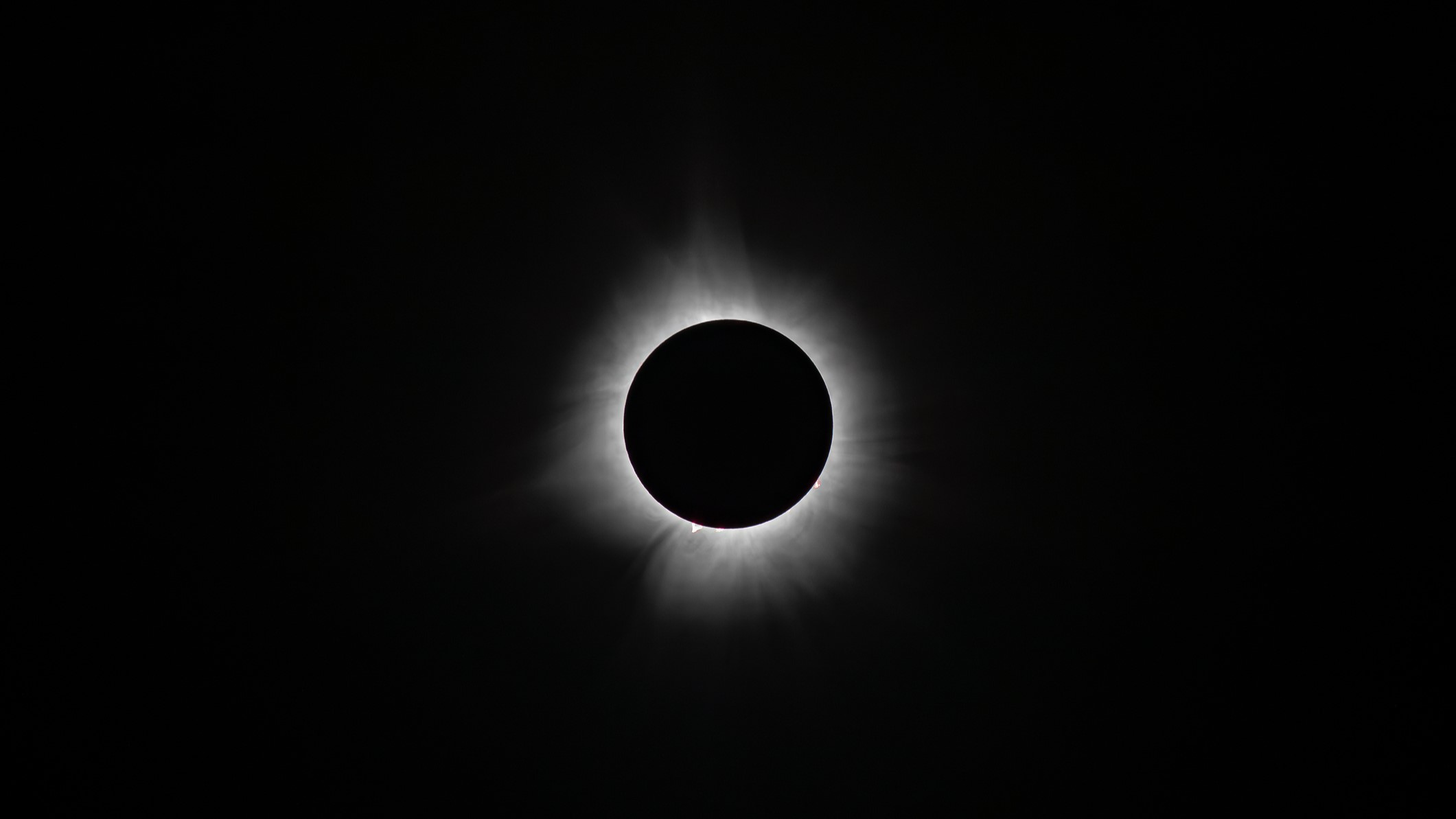 total solar eclipse april 2024 showing the white corona around the sun streaming out into space.