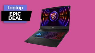 MSI Pulse 15 gaming laptop against pink background with epic deals badge