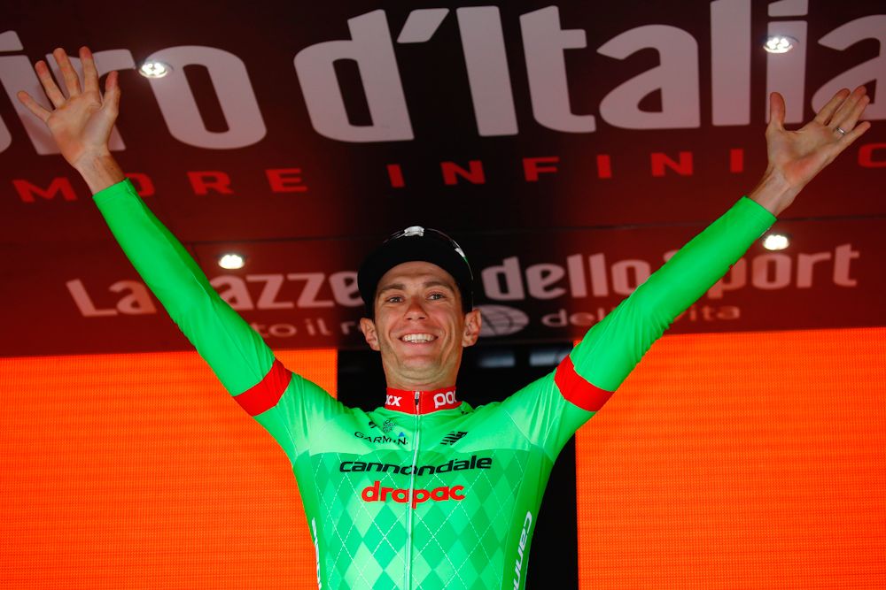 Pierre Rolland on the stage 17 podium at the Giro d'Italia
