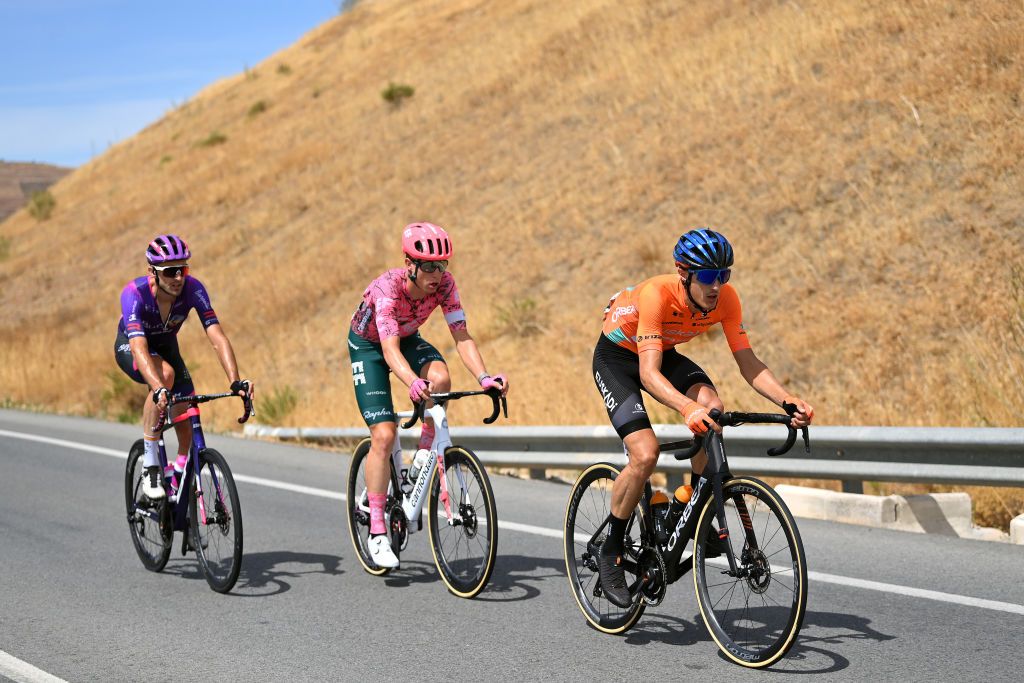 MONTILLA SPAIN SEPTEMBER 02 Ander Okamika Bengoetxea of Spain and Team Burgos BH Julius Van Den Berg of Netherlands and Team EF Education Easypost and Joan Bou Company of Spain and Team Euskaltel Euskadi compete in the breakaway during the 77th Tour of Spain 2022 Stage 13 a 1684km stage from Ronda to Montilla 315m LaVuelta22 WorldTour on September 02 2022 in Montilla Spain Photo by Justin SetterfieldGetty Images