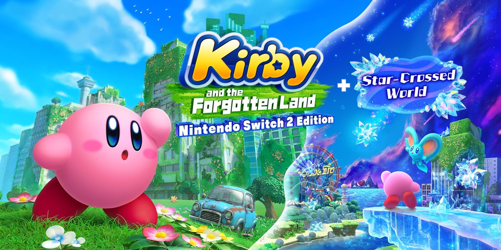 Kirby and the Forgotten Land cover art with Kirby stood in front of a post-apocalyptic background