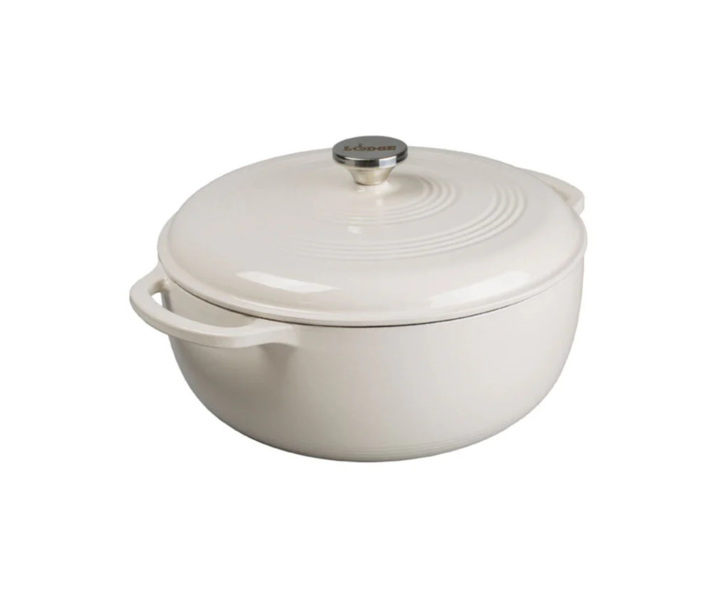 Lodge dutch oven in cream on a white background