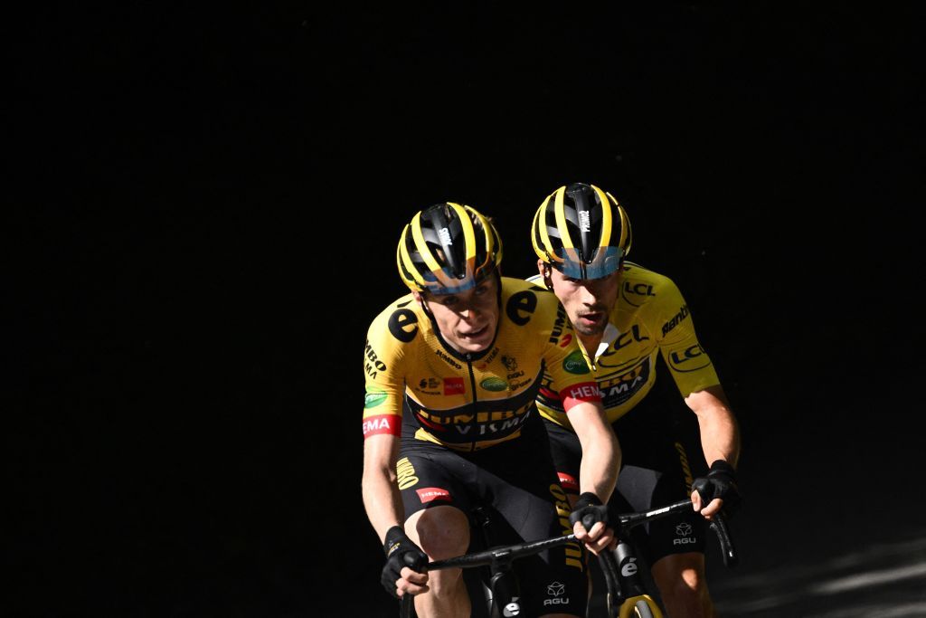 JumboVisma teams Danish rider Jonas Vingegaard L and JumboVisma teams Slovenian rider Primoz Roglic ride in a breakaway at Plateau de Solaison during the eighth stage of the 74th edition of the Criterium du Dauphine cycling race 1375 km between SaintAlbanLeysse and Plateau de Solaison on June 12 2022 Photo by Marco BERTORELLO AFP Photo by MARCO BERTORELLOAFP via Getty Images
