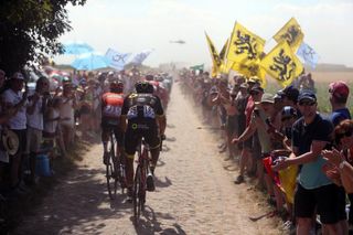 Flanders flags fly over the Tour de France's Roubaix stage