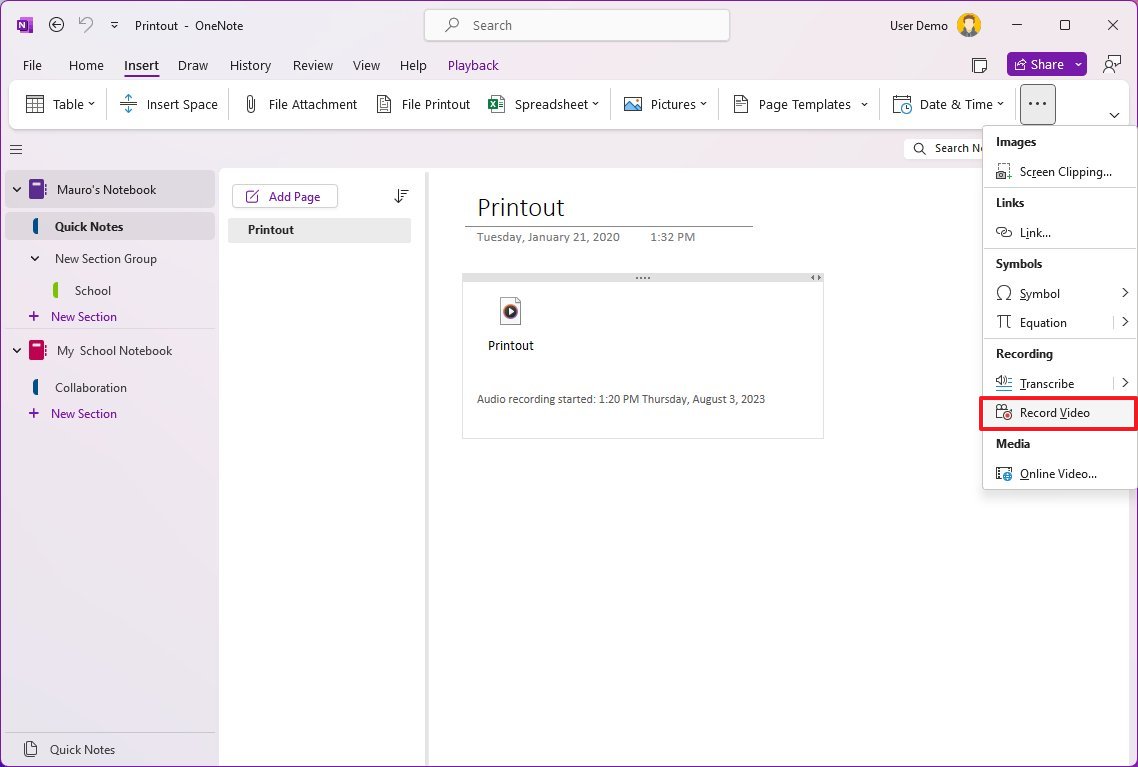 OneNote записывает видео