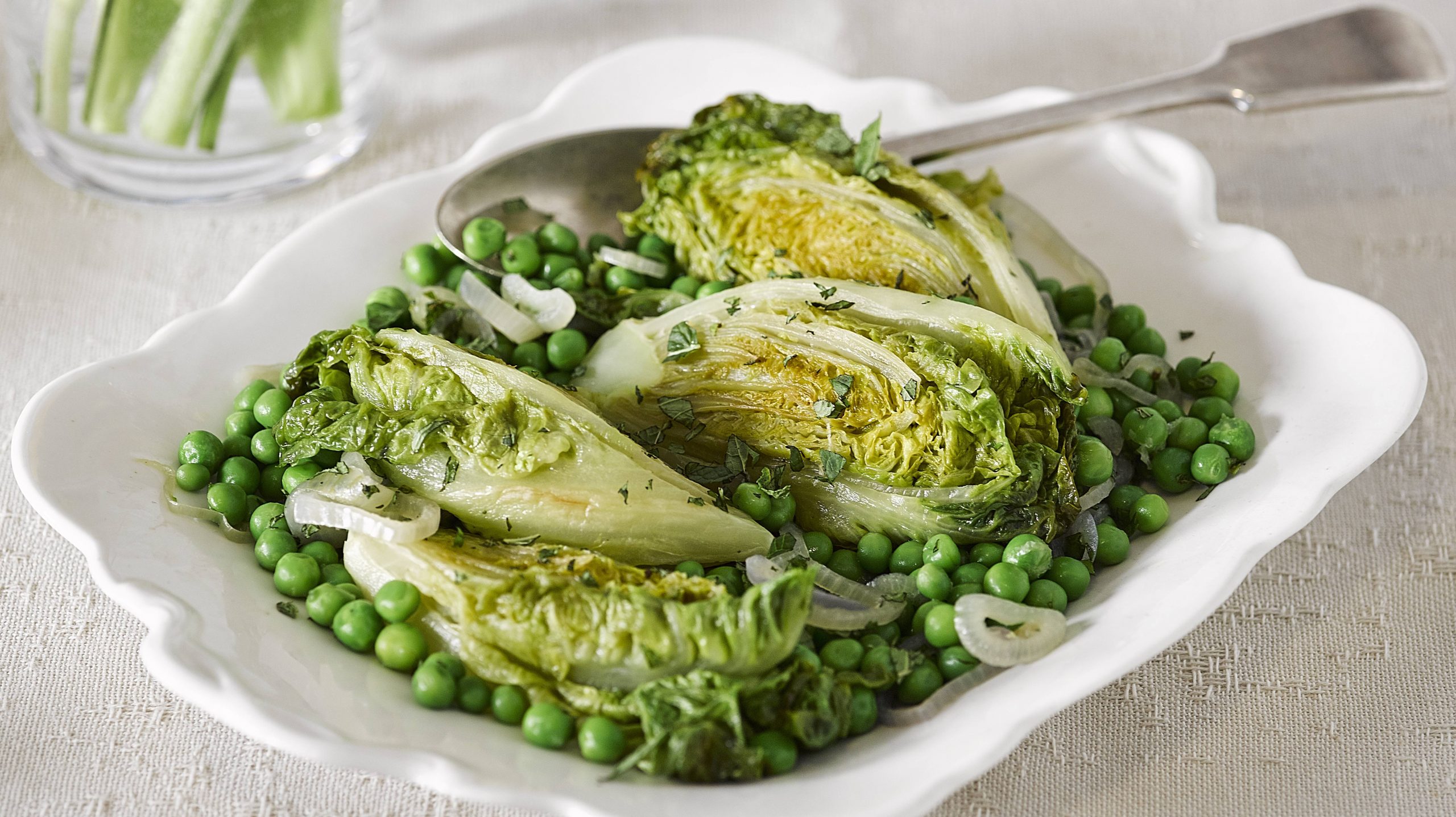 Braised baby gem with minted peas, Dinner Recipes