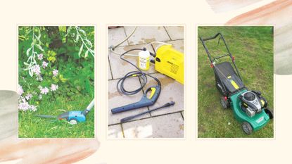 A compilation image on a painterly background showing a strimmer, Karcher pressure washer and lawn mower to support Amazon Prime Day garden deals