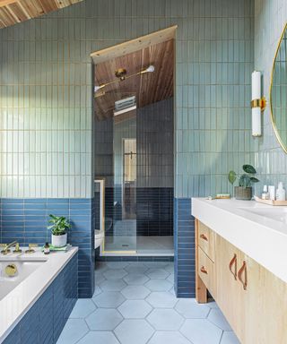 Bathroom tile with blue and green metro tiles