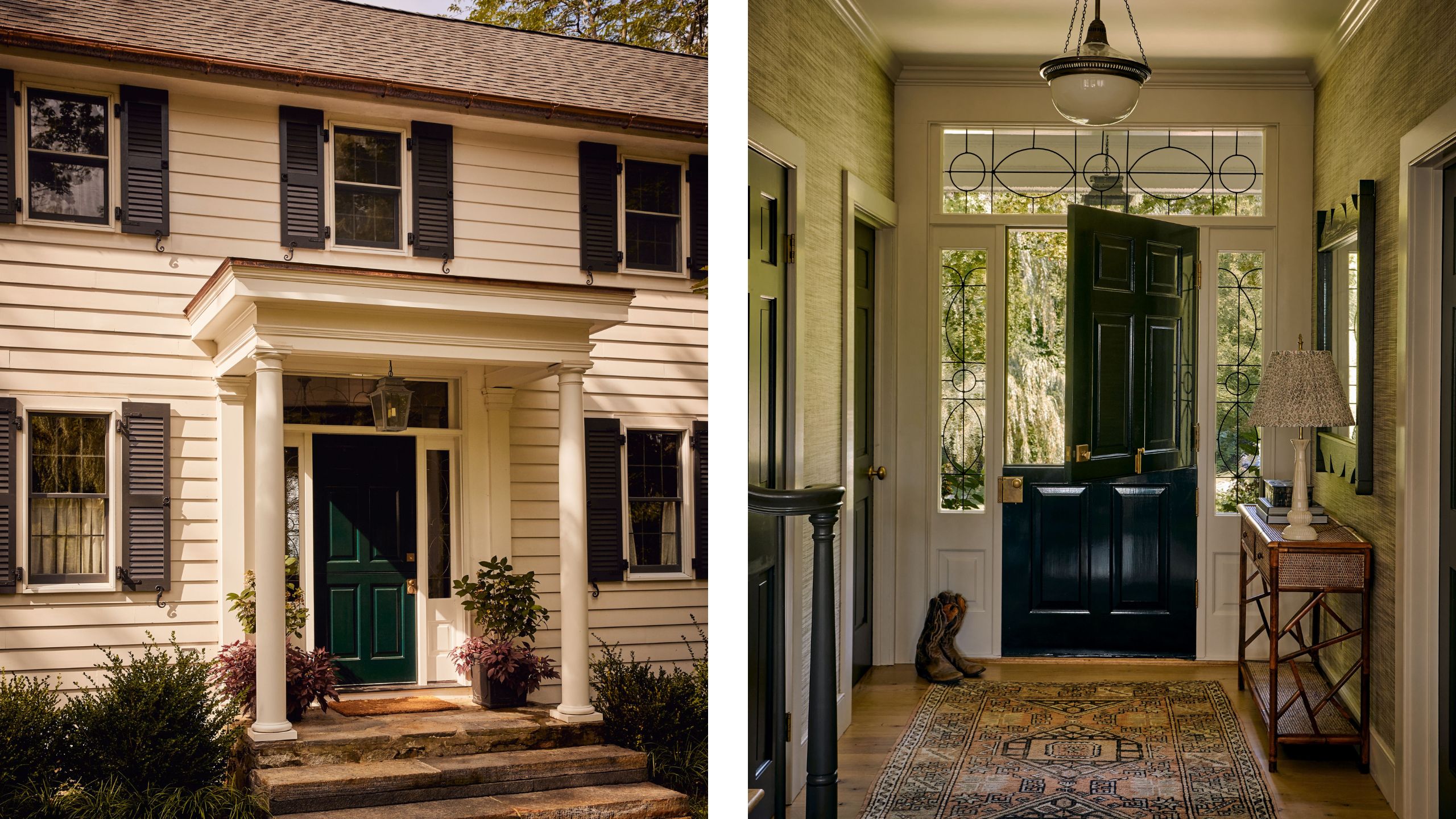 two side by side images of a white boarded home with window shutters, porch and dutch door next to the inside view of the entry and door styled with a rug and hall table