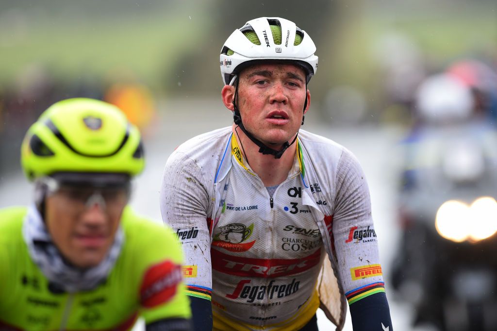 LA CHAPELLESAINTAUBIN FRANCE APRIL 08 Mads Pedersen of Denmark and Team Trek Segafredo Yellow Leader Jersey crosses the finish line during the 68th Circuit Cycliste Sarthe Pays de la Loire 2022 Stage 4 a 1364km stage shortened due to bad weather conditions from La ChapelleSaintAubin to La ChapelleSaintAubin CircuitSarthe on April 08 2022 in La ChapelleSaintAubin France Photo by Dario BelingheriGetty Images