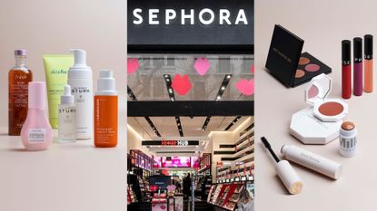 A collage of Sephora UK skincare and makeup brands as well as a sephora store signage