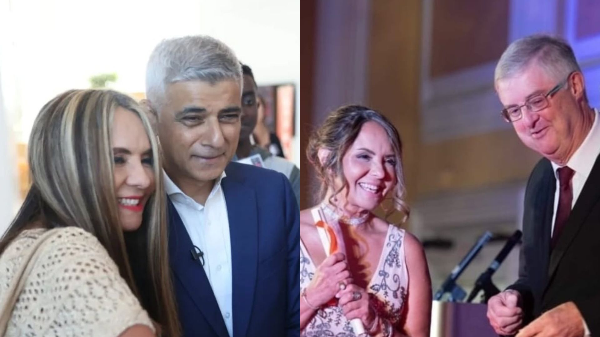 A composite image shows Venezuelan Doctor Niloha Rangel with London Mayor Sadiq Khan (left) and again with Welsh minister Mark Drakeford (right)