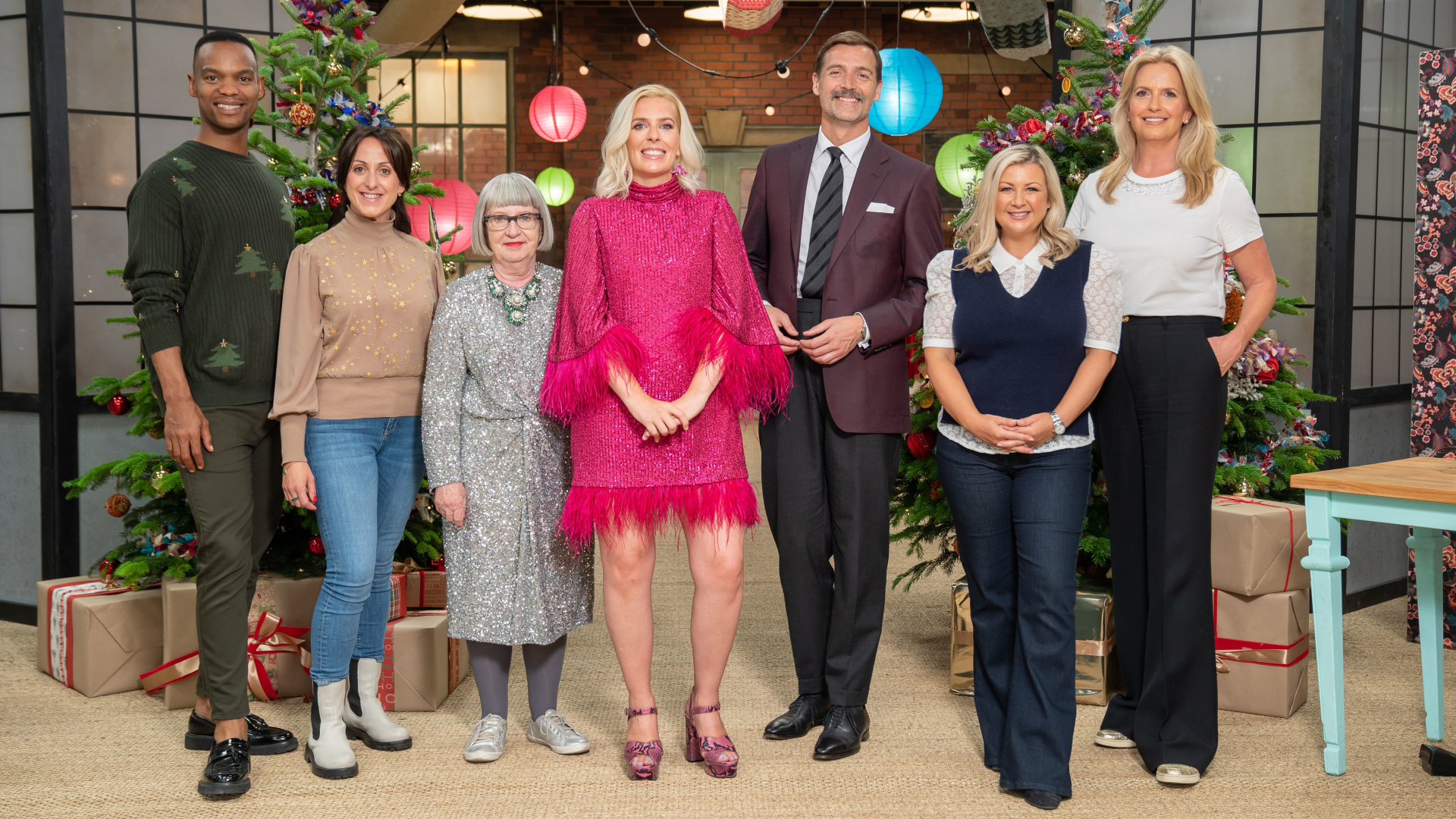 Johannes Radebe, Natalie Cassidy, Judge Esme Young, Presenter Sara Pascoe, Judge Patrick Grant, Rosie Ramsey, Penny Lancaster. (L-R)