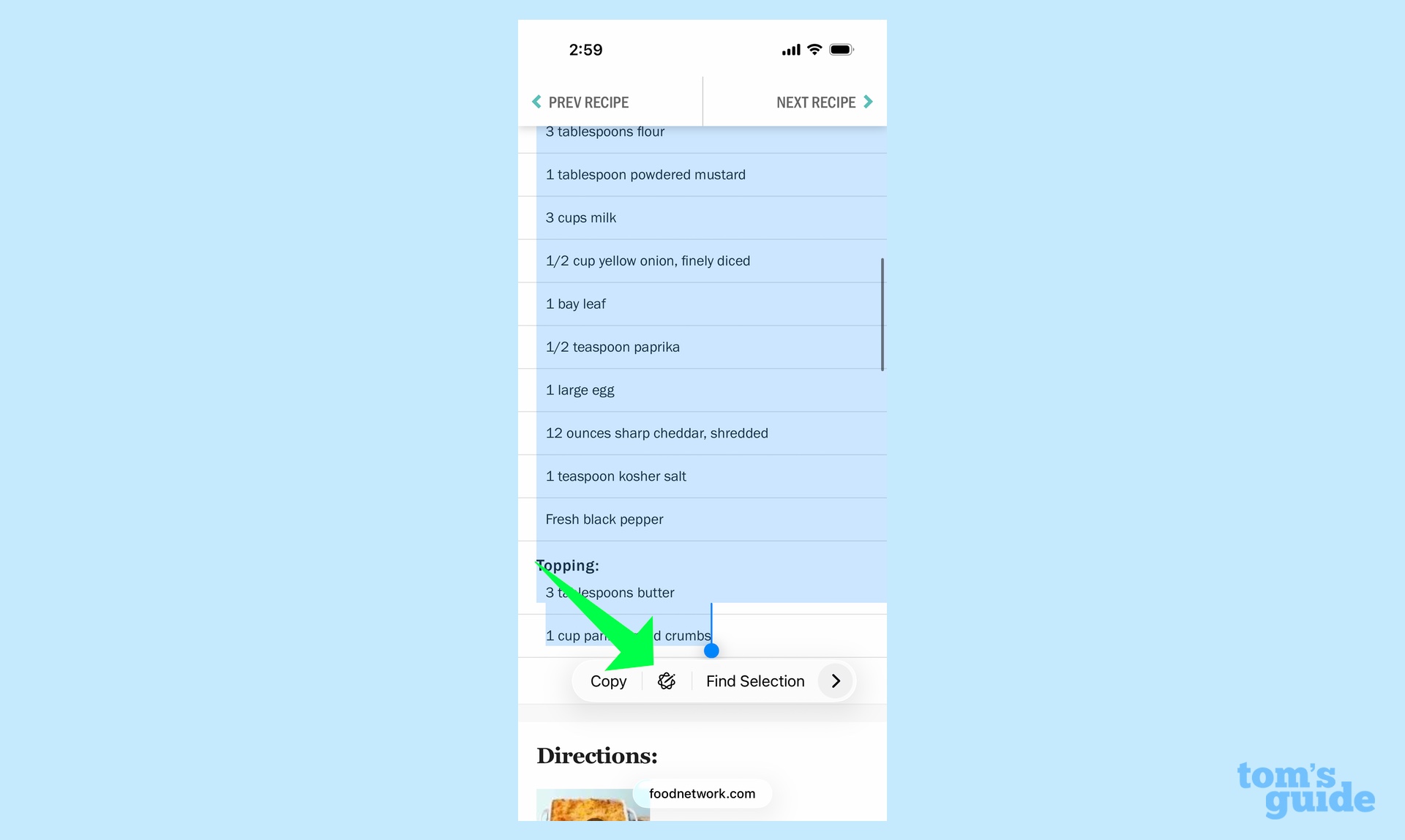 Highlighting ingredients from a recipe in iOS 26 Safari and selecting Apple Intelligence Writing Tools