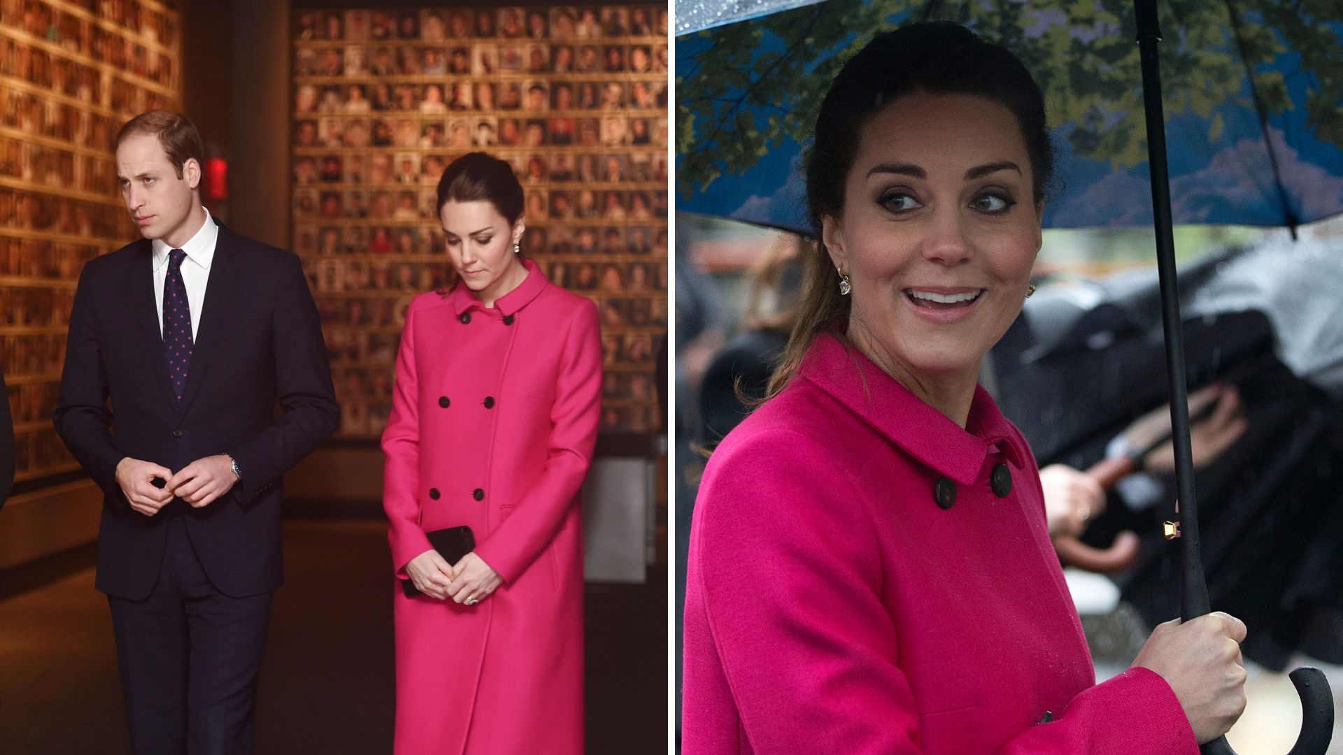 L-Prince William and Kate Middleton, R-Kate Middleton in a bright pink coat