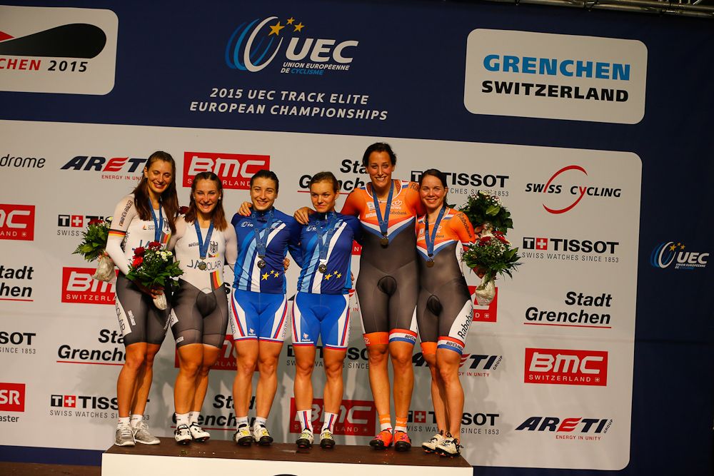 The women's team sprint podium: Germany (2), Russia (1) and Netherlands (3).