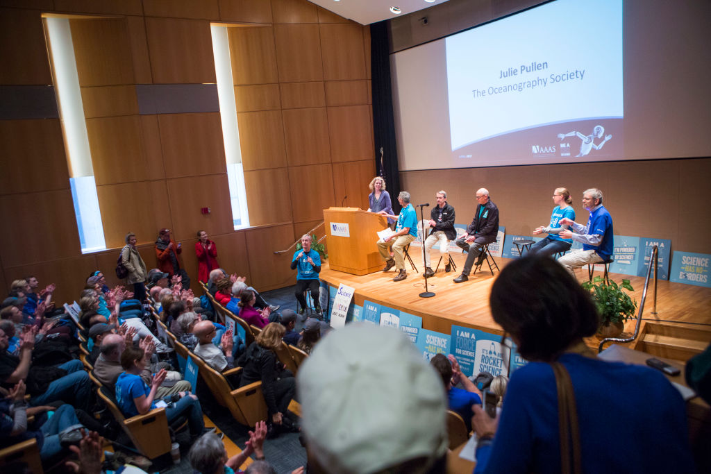 Scientists and supporters attend a pre-rally at the American Association for the Advancement of Science building before heading to the National Mall for the March for Science on April 22, 2017 in Washington, D.C.