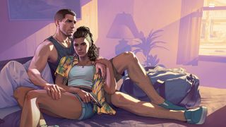 Jason and Lucia lie in bed, as sunlight comes in through the window. Stylized in classic GTA cartoon style