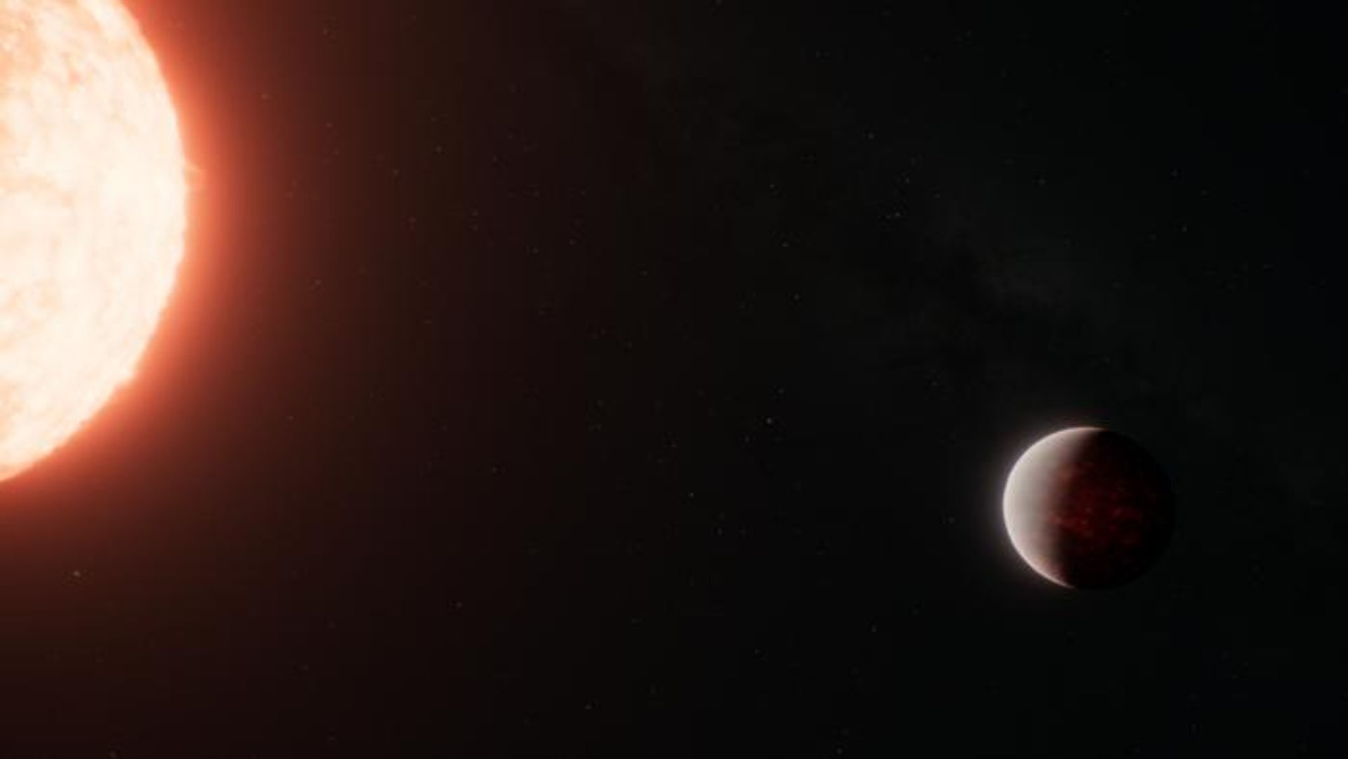 A small brown exoplanet is seen in space to the right of a sun-like star