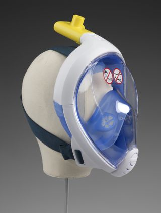 A face mask created for the COVID-19 emergency in 2020, made from a Decathlon diving mask