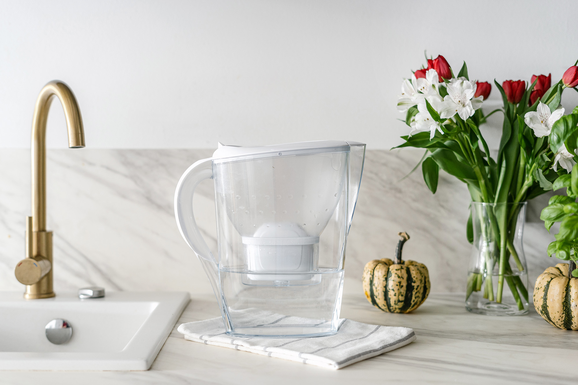 water filter jug on kitchen countertop