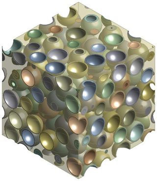 A three-dimensional model of a syntactic foam composite. The polymer resin binding the particles together is made transparent in this model to illustrate how the particles are dispersed. The hollow particles have very thin walls compared to the particle diameters.