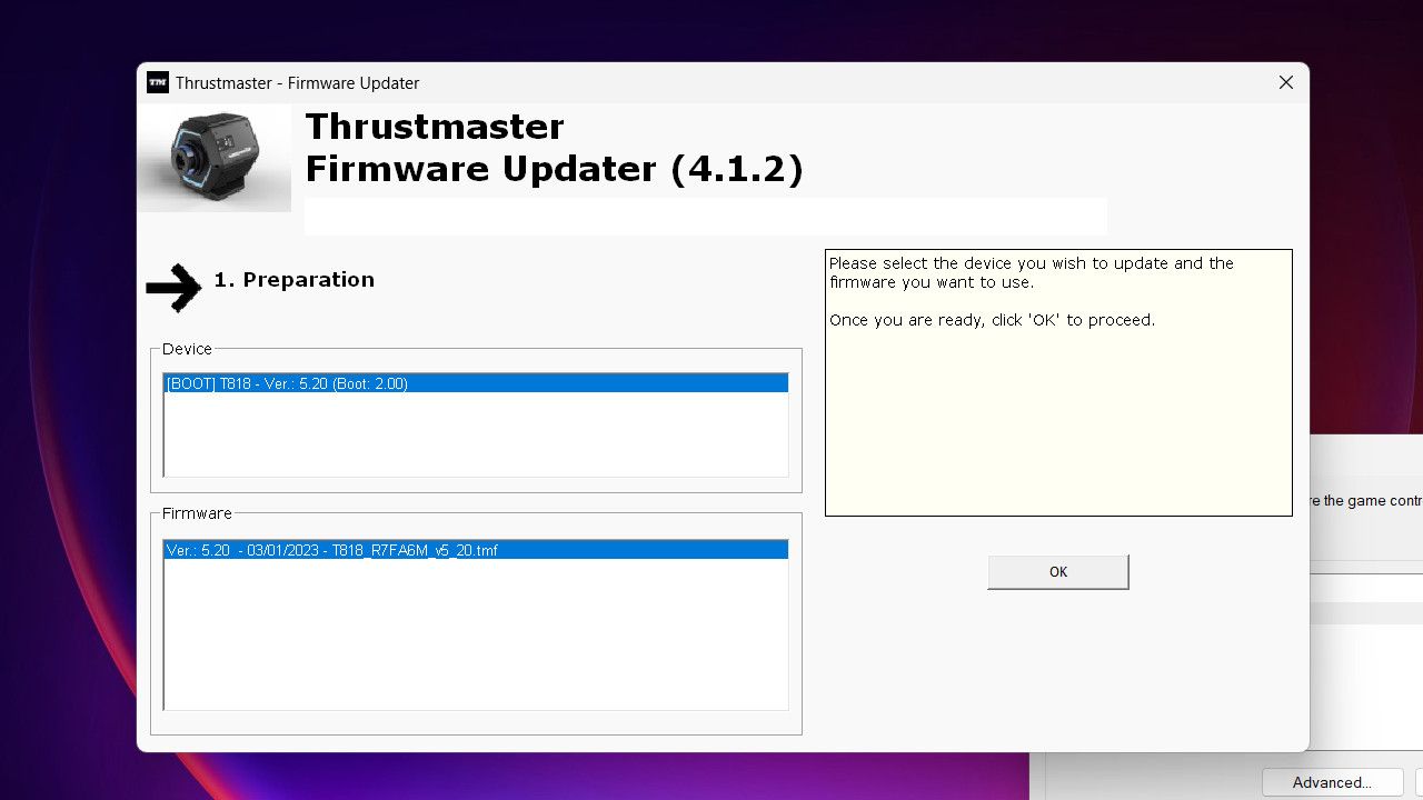Thrustmaster T818 firmware update process